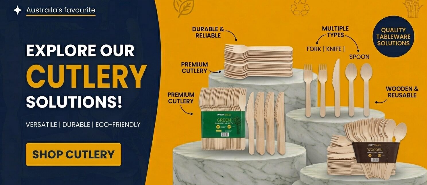 Sugarcane cutlery wholesale Australia including compostable forks, knives, spoons, eco-friendly disposable cutlery and sustainable hospitality supplies.