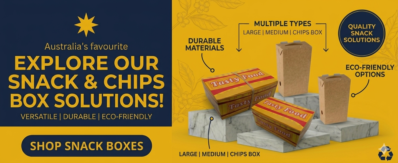 Snack and chips boxes wholesale Australia including kraft snack boxes, chip boxes, takeaway food containers and eco-friendly food packaging supplies.
