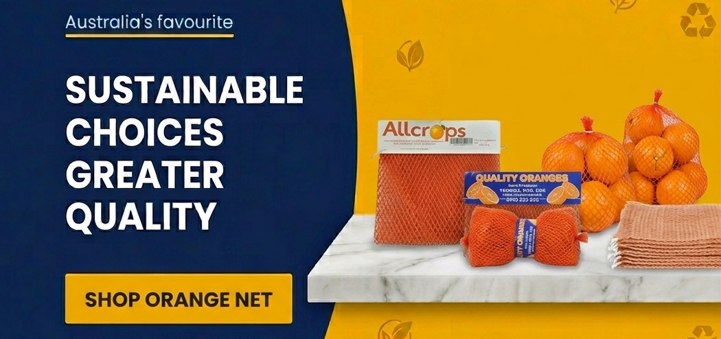 Orange net bags wholesale Australia including mesh packaging bags, produce net bags, fruit and vegetable packaging bags and agricultural packaging supplies.