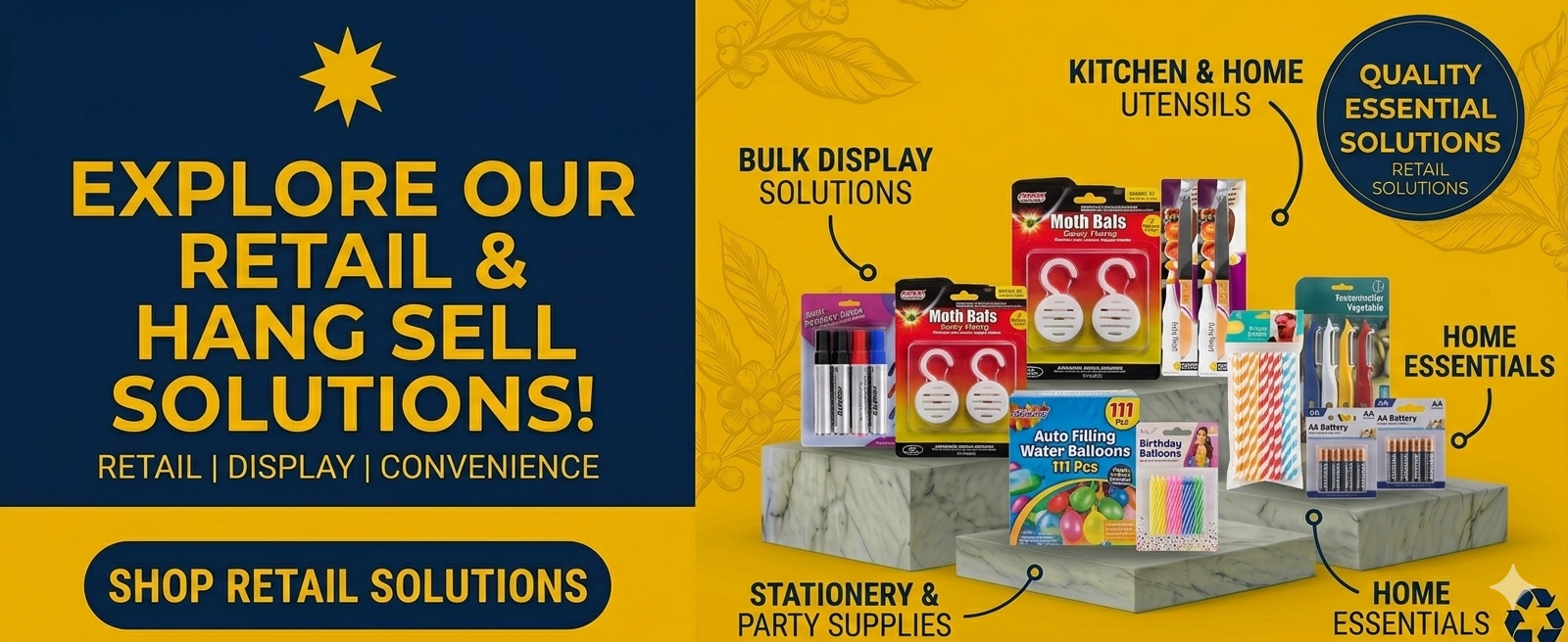 Shop retail and hang sell products wholesale in Australia. Kitchen utensils, stationery, batteries, birthday balloons, household essentials and retail display products Sydney.