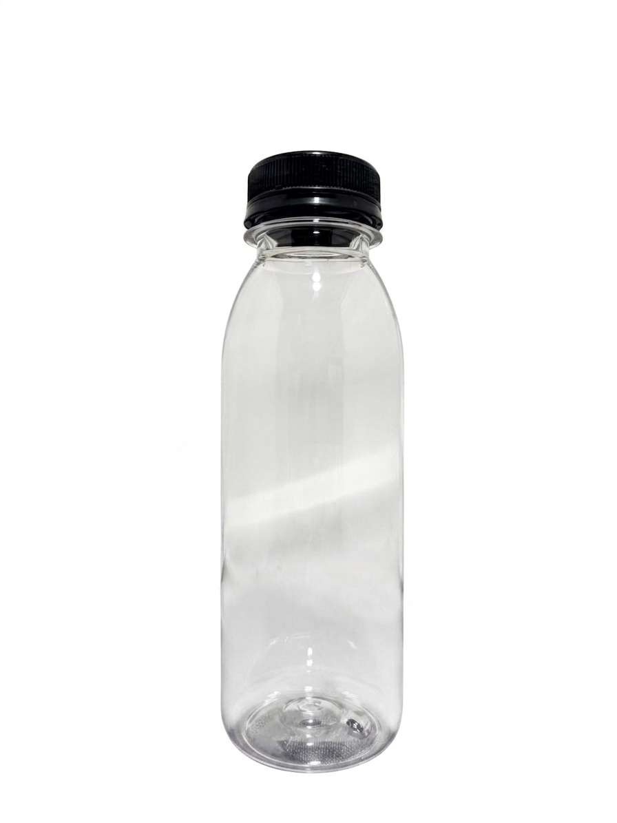 300ml Clear PET Plastic Juice Bottle with Black Tamper-Evident Screw Cap