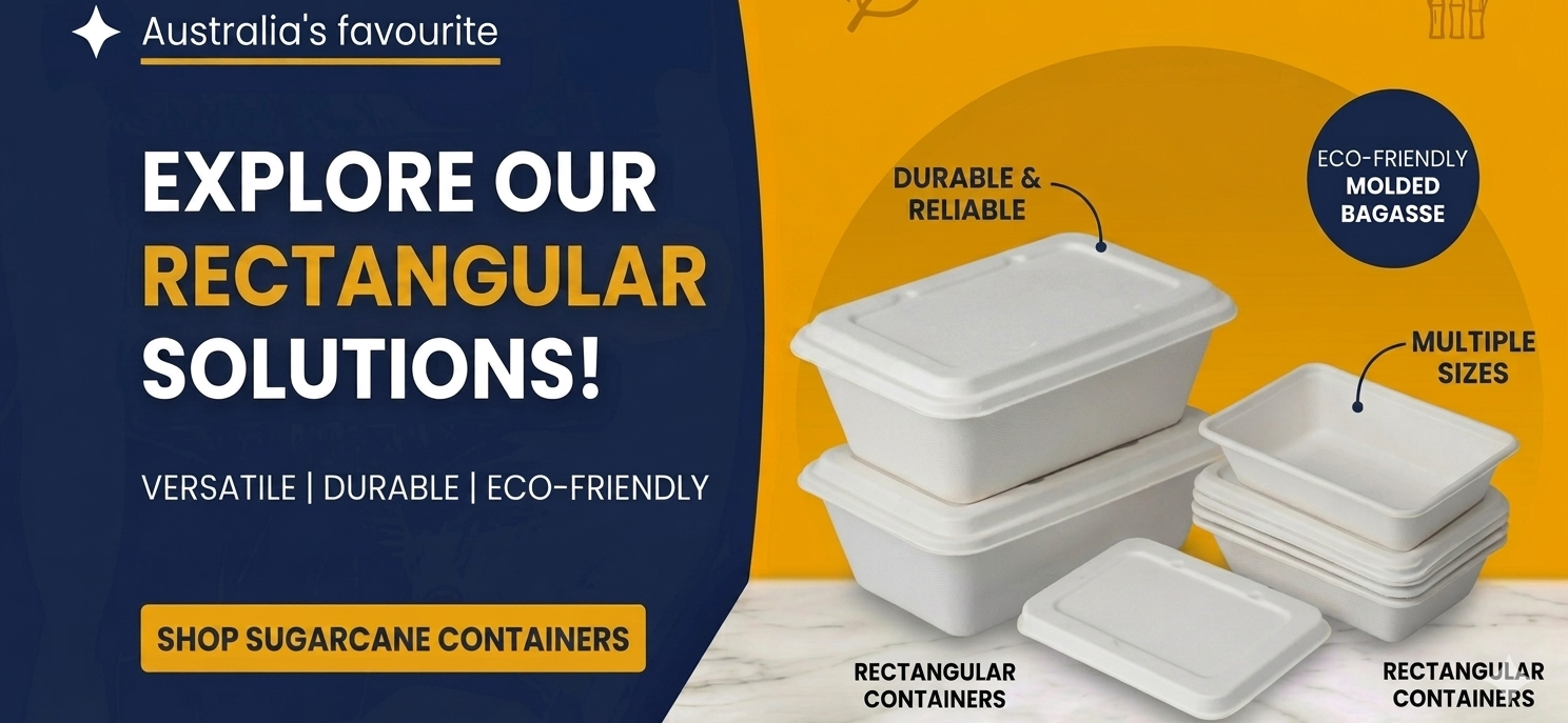 Sugarcane containers wholesale Australia including compostable food containers, biodegradable takeaway packaging, eco-friendly meal containers and hospitality supplies.