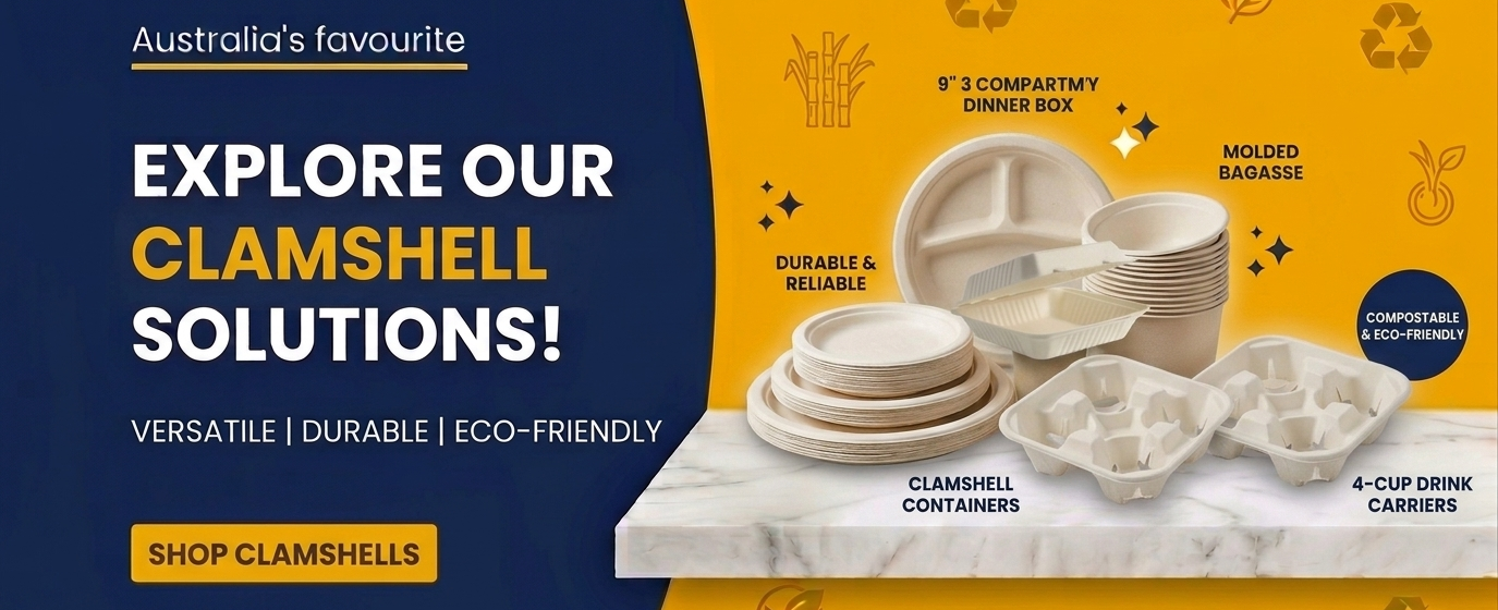 Sugarcane clamshells wholesale Australia including compostable takeaway containers, biodegradable food packaging, eco-friendly clamshell containers and hospitality supplies.