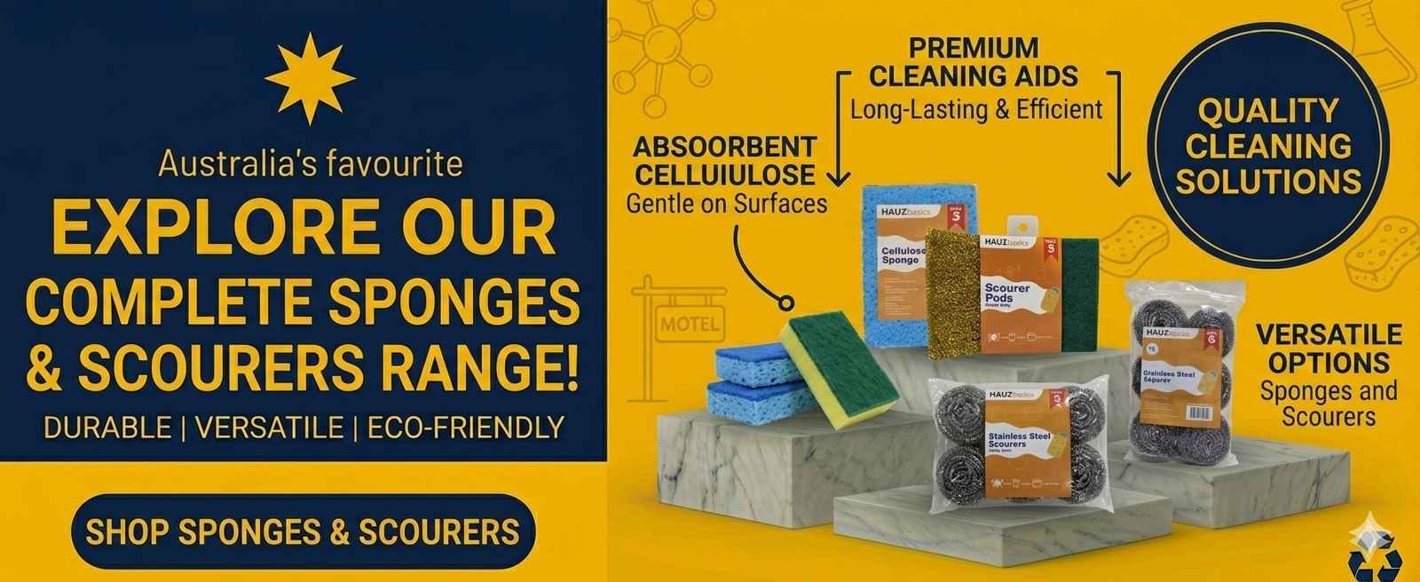 Sponges and scourers wholesale Australia including cleaning sponges, scouring pads, kitchen cleaning products and commercial cleaning supplies.