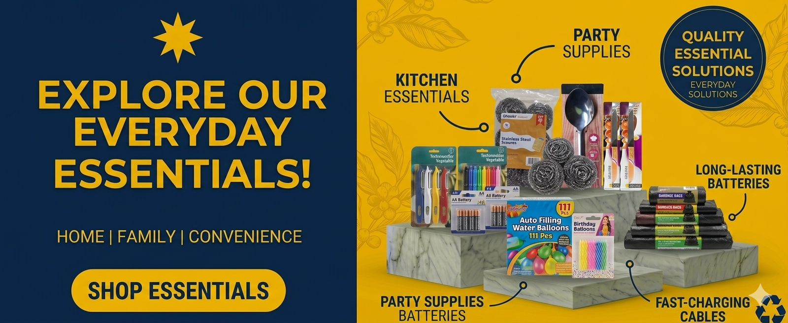Everyday essentials wholesale Australia including kitchen utensils, stationery products, batteries, candles, cables, garbage bags, household items and retail convenience products.