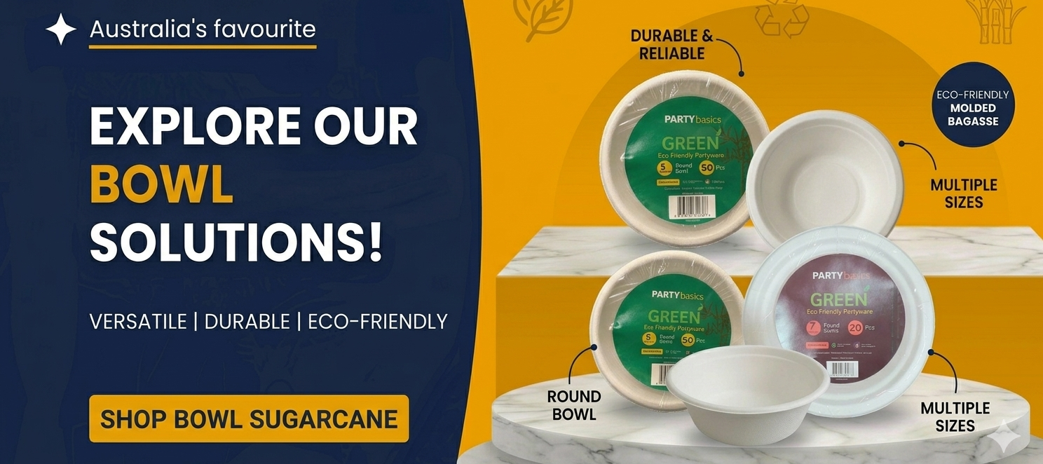 Sugarcane bowls wholesale Australia including compostable food bowls, biodegradable takeaway bowls, eco-friendly catering bowls and sustainable hospitality supplies.
