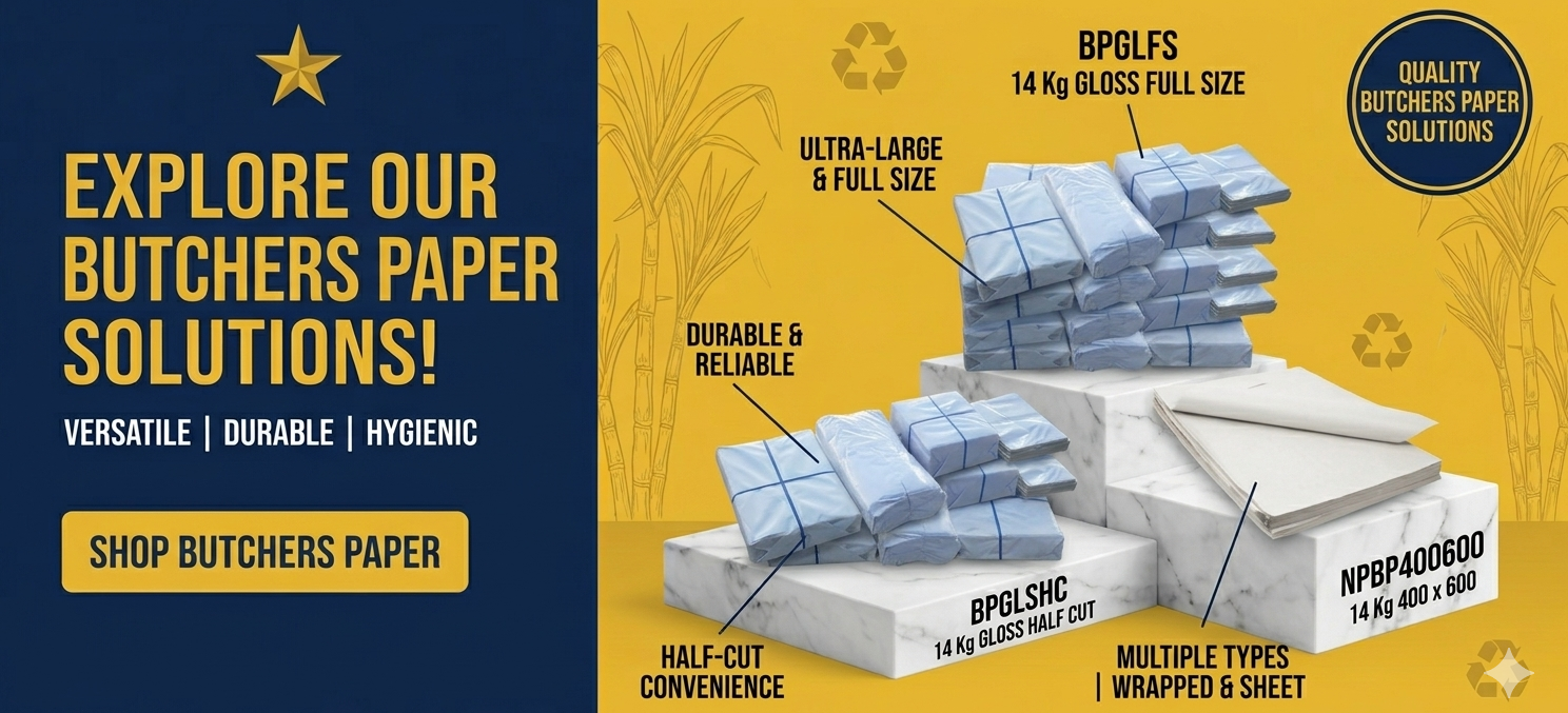 Butchers paper wholesale Australia including food wrapping paper, butcher paper rolls, deli paper and food packaging supplies for commercial food businesses.