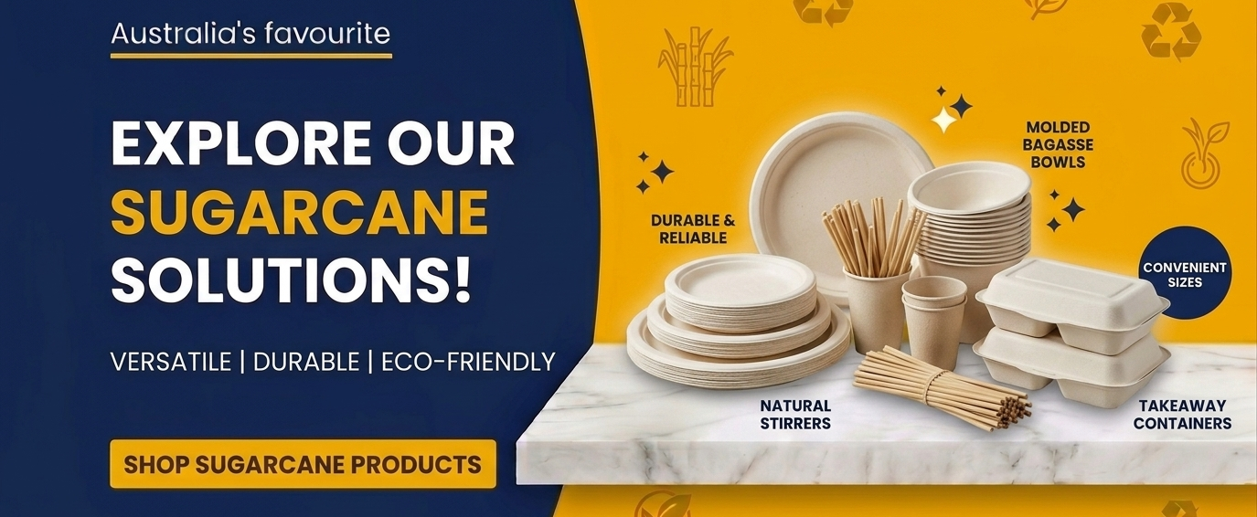 Sugarcane packaging wholesale Australia including biodegradable food containers, compostable takeaway packaging, eco-friendly food packaging and hospitality supplies. 