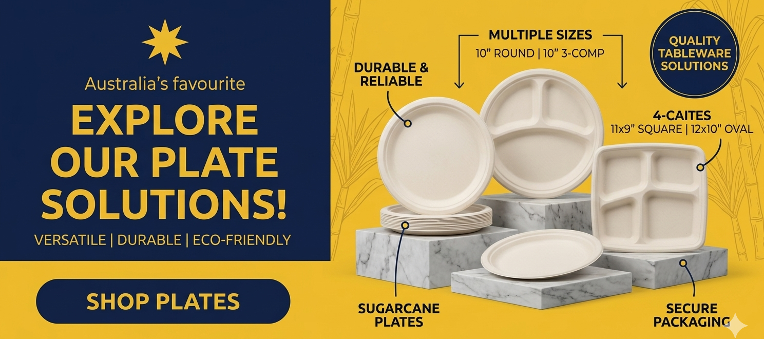 Sugarcane plates wholesale Australia including compostable plates, biodegradable serving plates, eco-friendly catering plates and sustainable hospitality supplies.