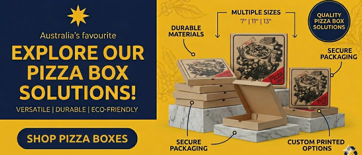 Pizza boxes wholesale Australia including cardboard pizza boxes, takeaway pizza packaging, food delivery boxes and hospitality packaging supplies.